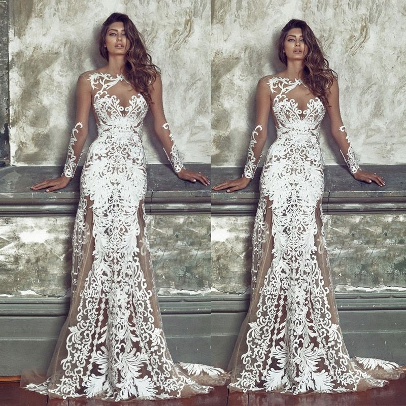 iRicheraf Elegant Long Sleeve Deep V-neck Party Dress Sexy Lace Mesh Floor