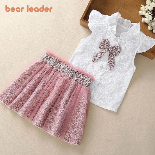 Bear Leader Girls Clothing Sets New Summer Sleeveless T-shirt+Print Bow Skirt