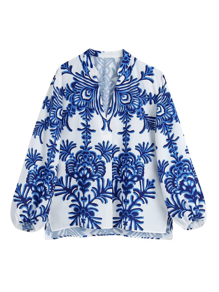 Fashion Totem Printed Asymmetric Blouses Vintage Long Sleeve Side Vents Female Shirts Chic Tops