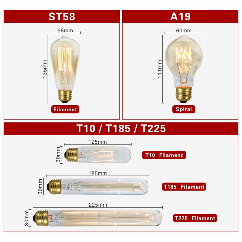 Retro Edison Bulb E27 220V 40W Light Bulb A60 ST58 ST64 T10 T45 T185 G80 G95 Filament