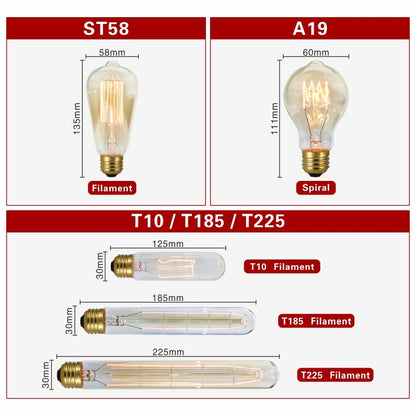 Retro Edison Bulb E27 220V 40W Light Bulb A60 ST58 ST64 T10 T45 T185 G80 G95 Filament
