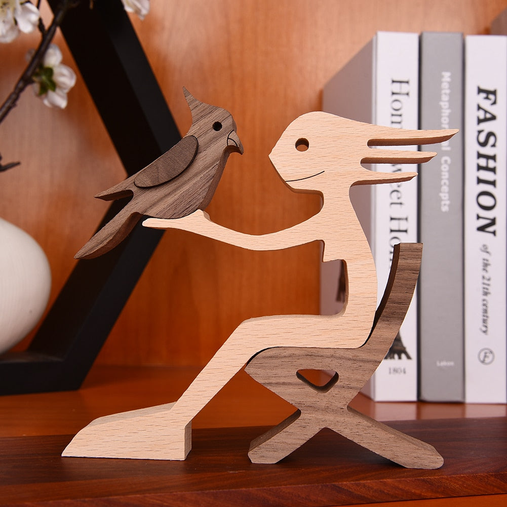 Family Puppy Wood Dog Craft Figurine Desktop Table Ornament