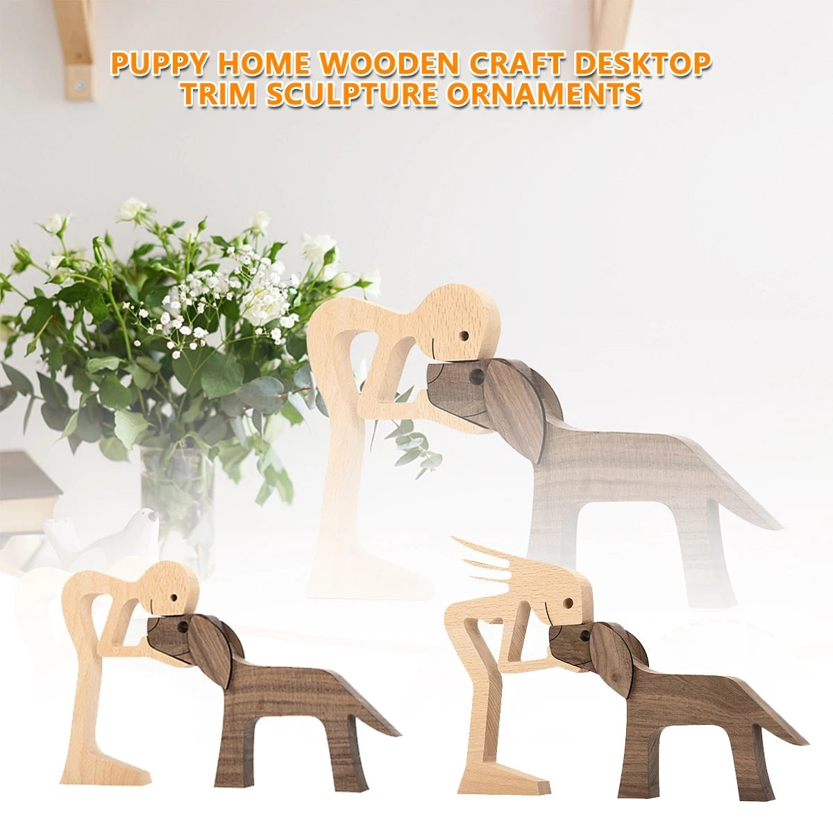 Family Puppy Wood Dog Craft Figurine Desktop Table Ornament