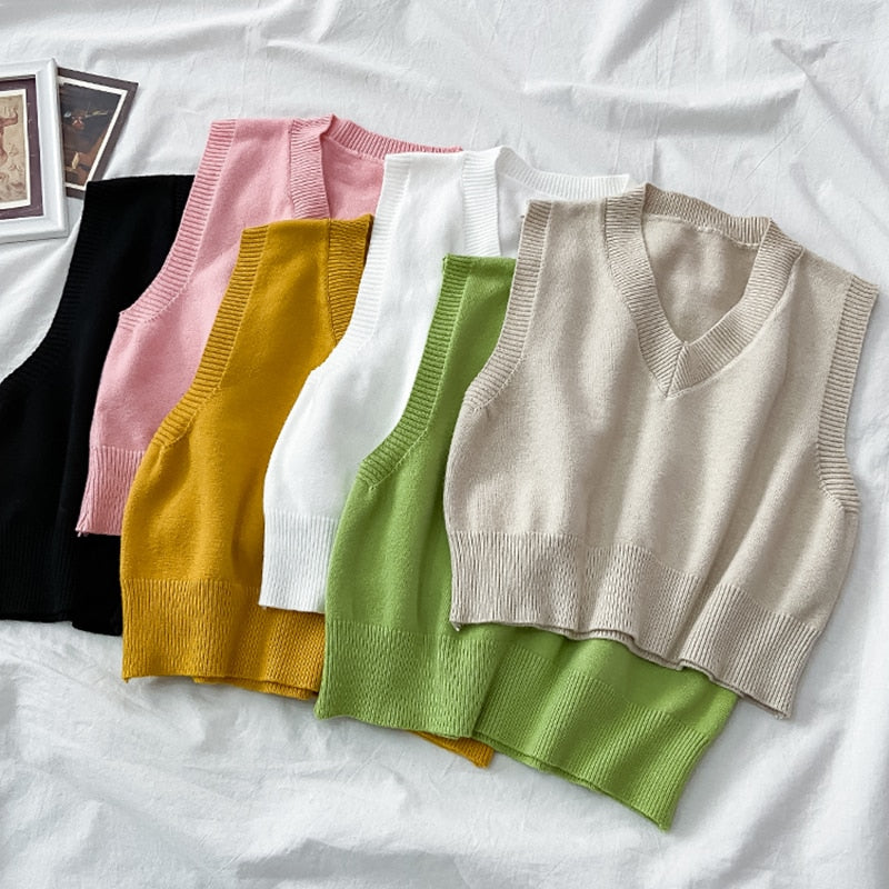 Autumn Women Sweater Vest Preppy Style V-neck Pullover Loose