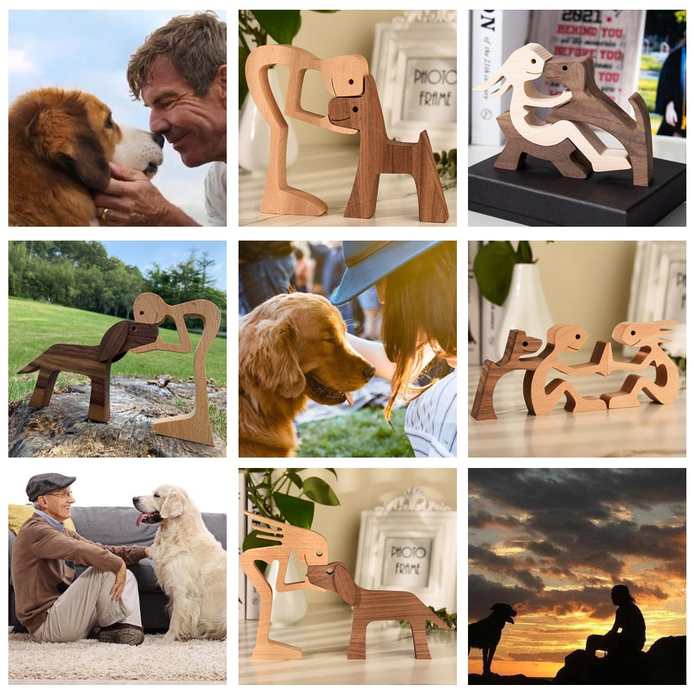 Family Puppy Wood Dog Craft Figurine Desktop Table Ornament