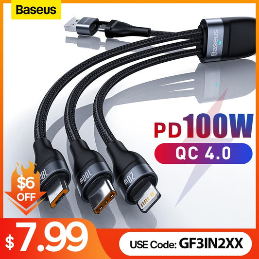 Baseus 3 in 1 USB C Cable for iPhone 14 13 12 Pro 11 XR Charger