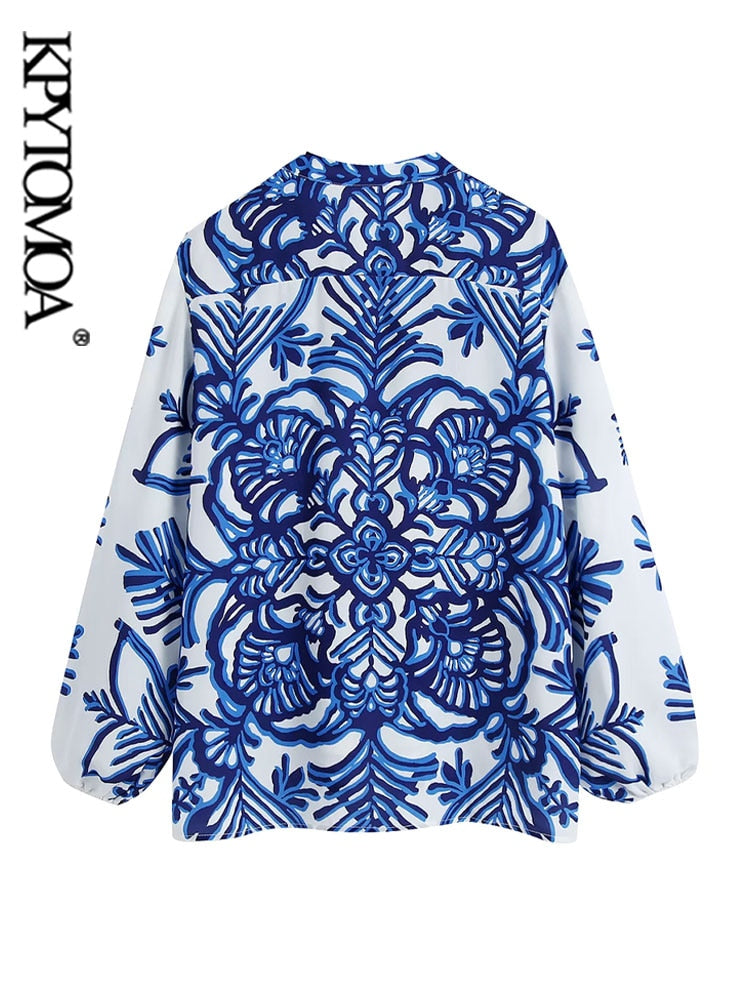 Fashion Totem Printed Asymmetric Blouses Vintage Long Sleeve Side Vents Female Shirts Chic Tops