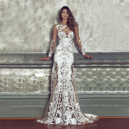 iRicheraf Elegant Long Sleeve Deep V-neck Party Dress Sexy Lace Mesh Floor