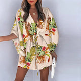 New Summer Women Elegant Dresses Sexy V Neck Lace-up Floral Printed Mini