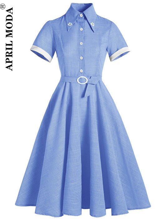French Robe Femme Summer Dress Plaid Print Blue Yellow