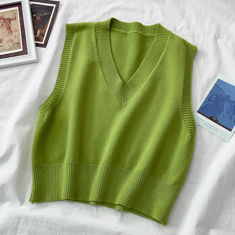 Autumn Women Sweater Vest Preppy Style V-neck Pullover Loose
