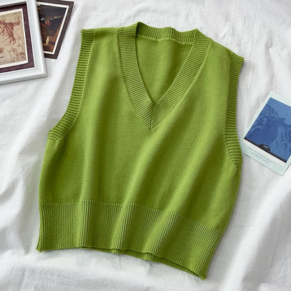 Autumn Women Sweater Vest Preppy Style V-neck Pullover Loose
