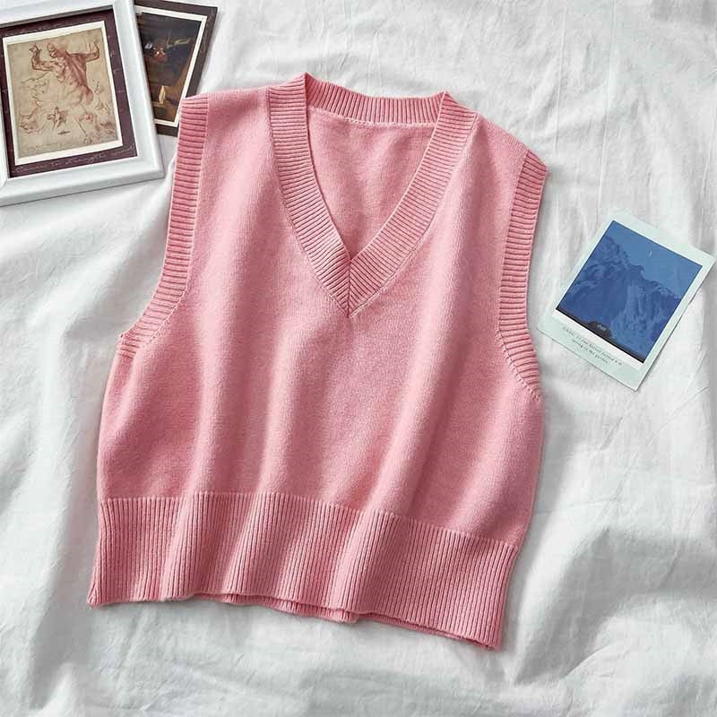 Autumn Women Sweater Vest Preppy Style V-neck Pullover Loose