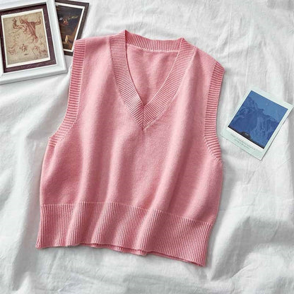 Autumn Women Sweater Vest Preppy Style V-neck Pullover Loose