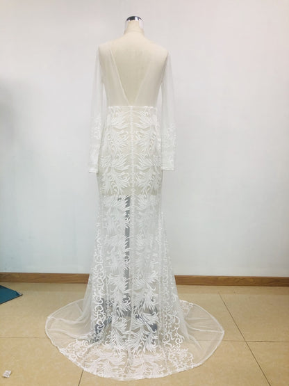iRicheraf Elegant Long Sleeve Deep V-neck Party Dress Sexy Lace Mesh Floor