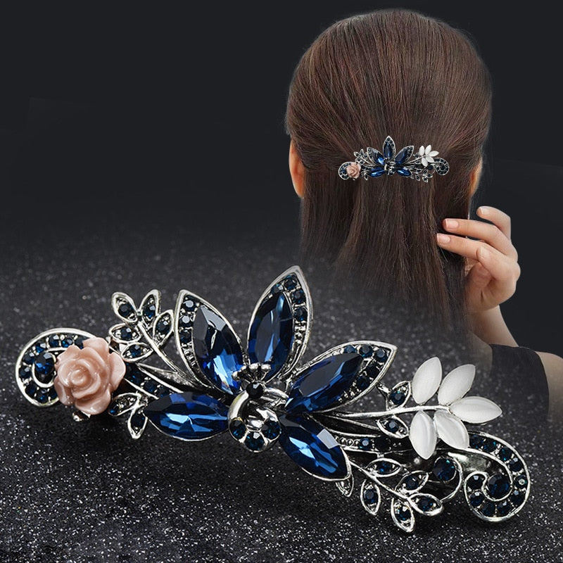 Leaf Crystal Alloy Rhinestone Barrette Hair Clips for Women Retro Blue Black Crystal Jewelry Hairpin Hair Accessories for Women
