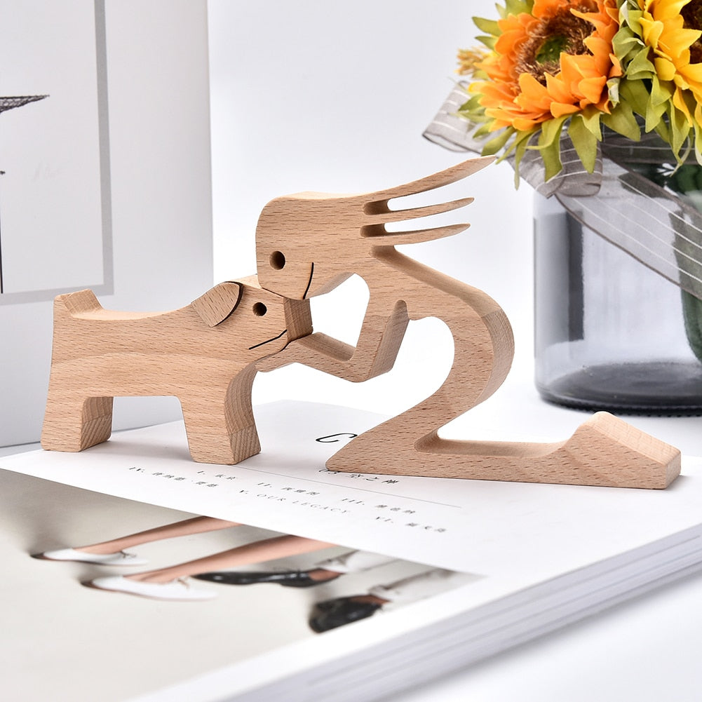 Family Puppy Wood Dog Craft Figurine Desktop Table Ornament