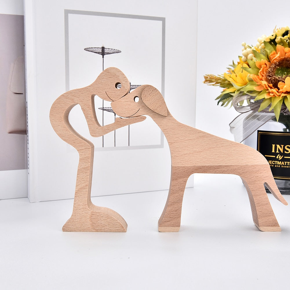 Family Puppy Wood Dog Craft Figurine Desktop Table Ornament