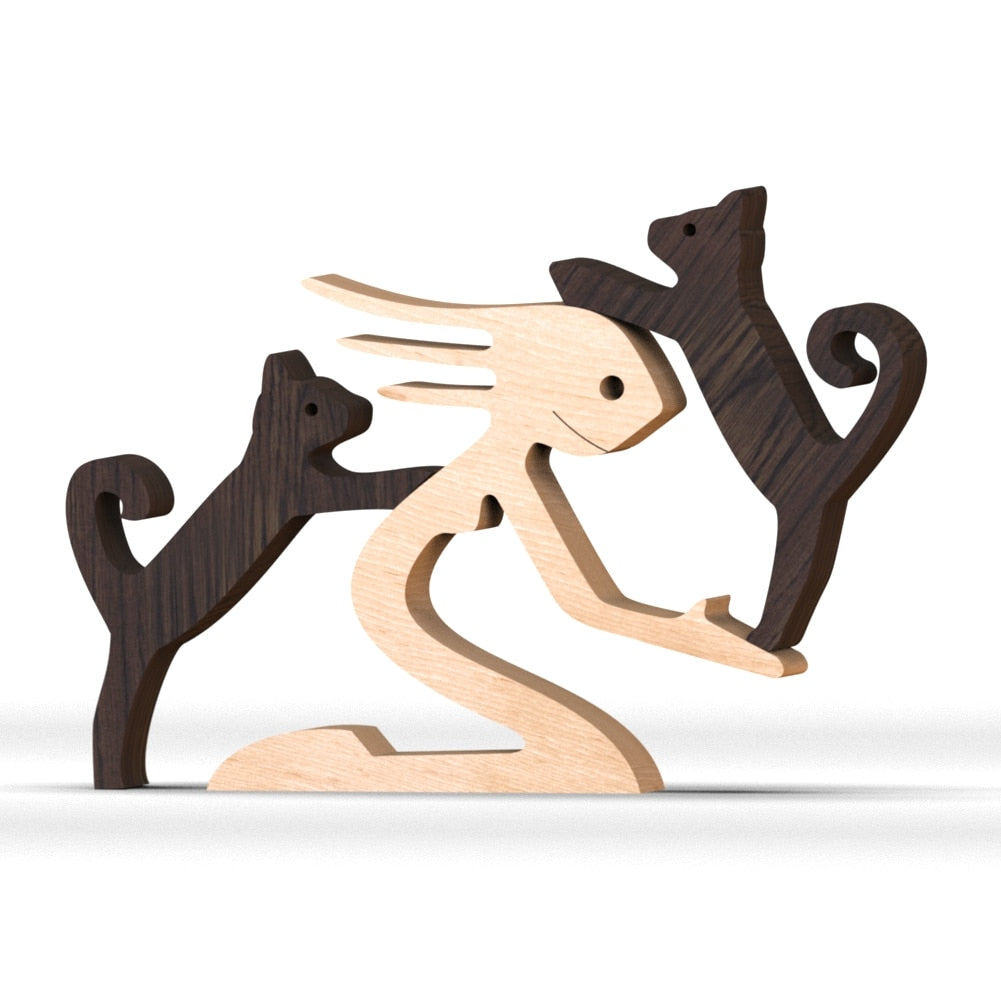 Family Puppy Wood Dog Craft Figurine Desktop Table Ornament