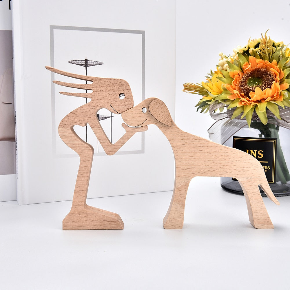 Family Puppy Wood Dog Craft Figurine Desktop Table Ornament