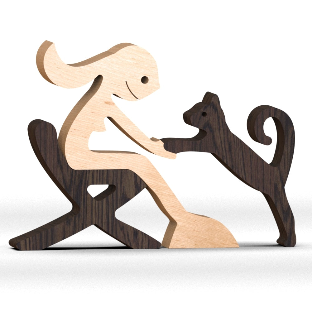 Family Puppy Wood Dog Craft Figurine Desktop Table Ornament
