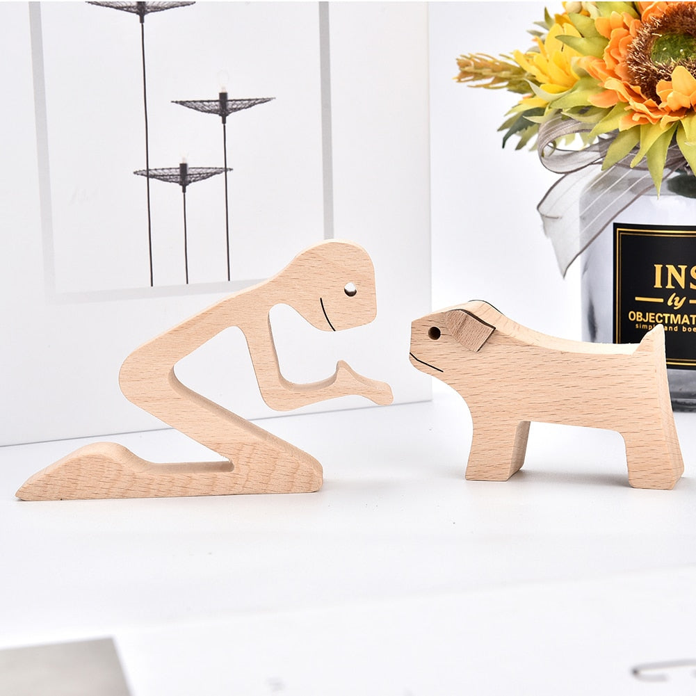 Family Puppy Wood Dog Craft Figurine Desktop Table Ornament