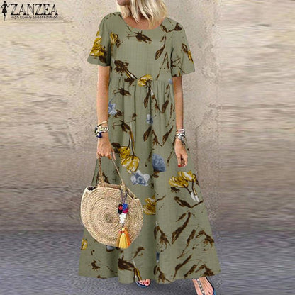 ZANZEA Fashion Summer Maxi Dress Women&#39;s Printed Sundress Casual Short Sleeve Vestidos Female High Waist Robe Femme