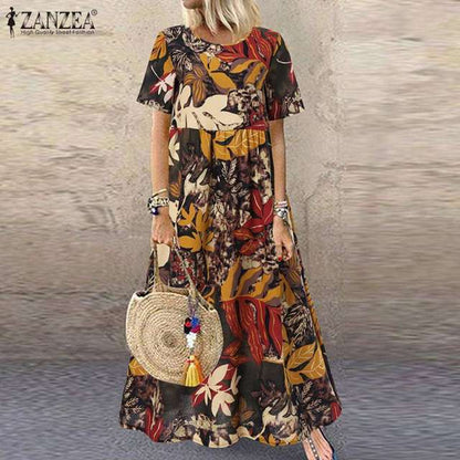 ZANZEA Fashion Summer Maxi Dress Women&#39;s Printed Sundress Casual Short Sleeve Vestidos Female High Waist Robe Femme