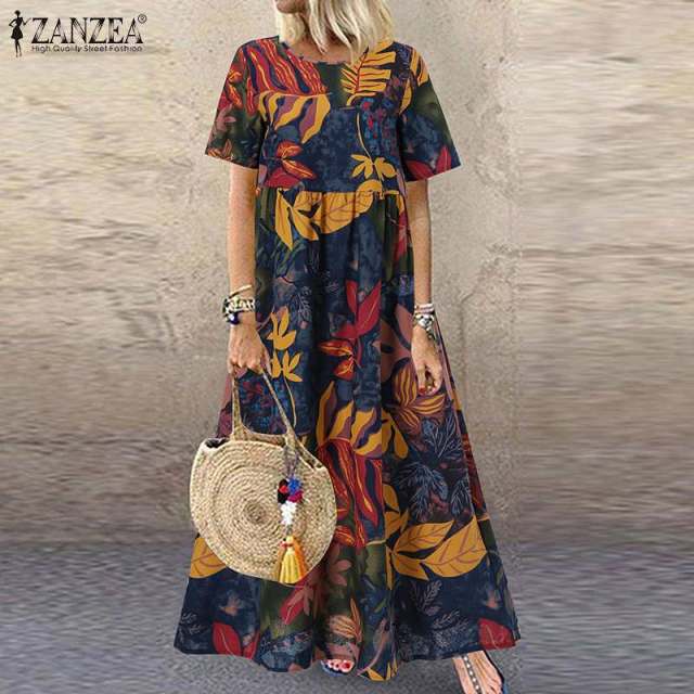 ZANZEA Fashion Summer Maxi Dress Women&#39;s Printed Sundress Casual Short Sleeve Vestidos Female High Waist Robe Femme