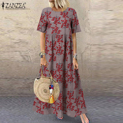 ZANZEA Fashion Summer Maxi Dress Women&#39;s Printed Sundress Casual Short Sleeve Vestidos Female High Waist Robe Femme