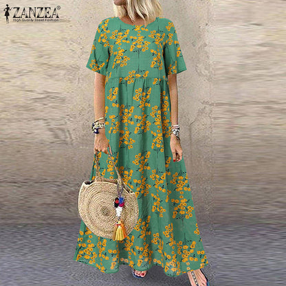 ZANZEA Fashion Summer Maxi Dress Women&#39;s Printed Sundress Casual Short Sleeve Vestidos Female High Waist Robe Femme