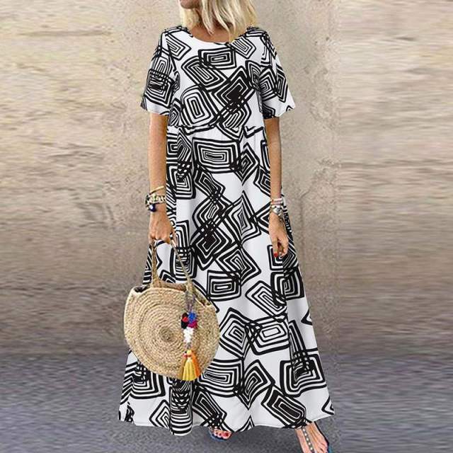 ZANZEA Fashion Summer Maxi Dress Women&#39;s Printed Sundress Casual Short Sleeve Vestidos Female High Waist Robe Femme