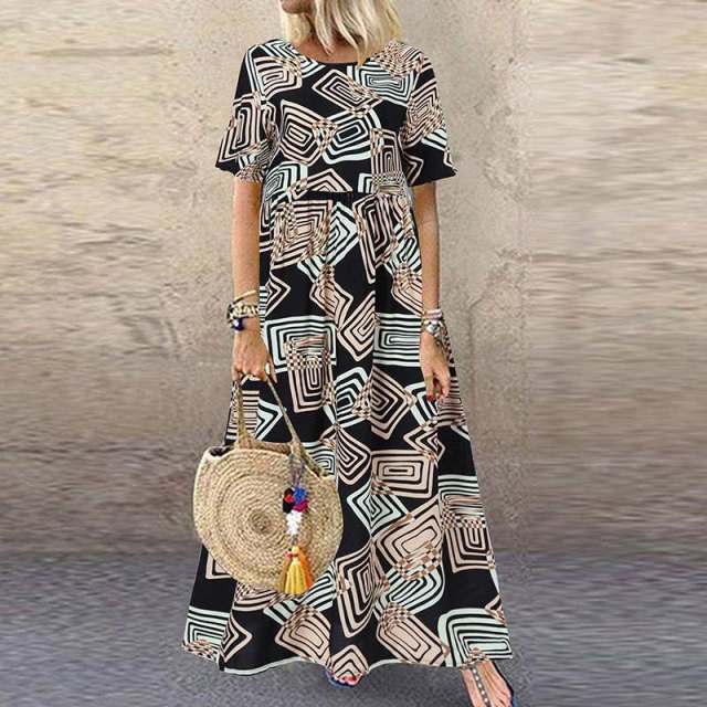 ZANZEA Fashion Summer Maxi Dress Women&#39;s Printed Sundress Casual Short Sleeve Vestidos Female High Waist Robe Femme