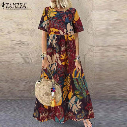 ZANZEA Fashion Summer Maxi Dress Women&#39;s Printed Sundress Casual Short Sleeve Vestidos Female High Waist Robe Femme