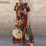 ZANZEA Fashion Summer Maxi Dress Women&#39;s Printed Sundress Casual Short Sleeve Vestidos Female High Waist Robe Femme