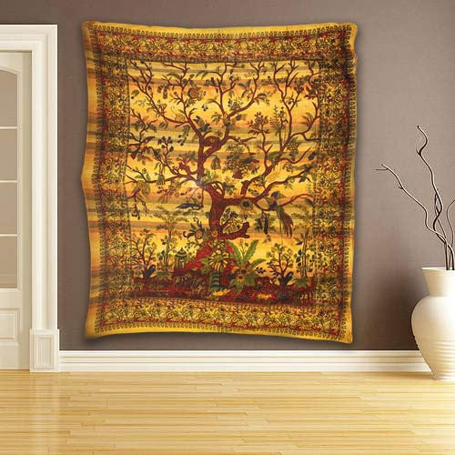 Cadi Cotton Bedspread / Wall Art - Tree of Life - Amber - Shopy Max