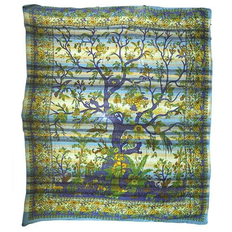Cadi Cotton Bedspread / Wall Art - Tree of Life - Aqua