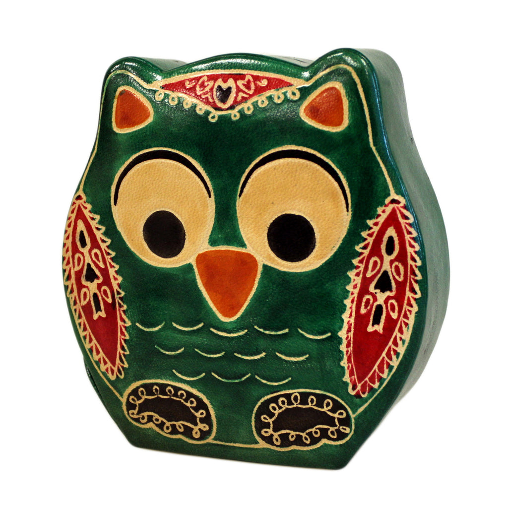 Leather Money Box - Sml Green Owl