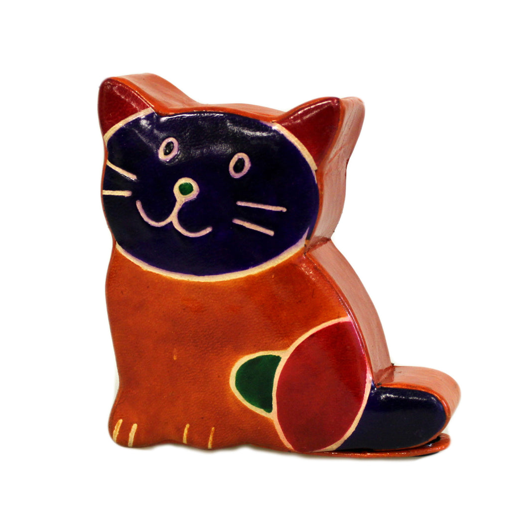 Leather Money Box - Small Brown Cat