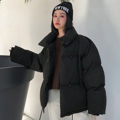 Korean Style 2019 Winter Jacket Women Stand Collar Solid Black White Female