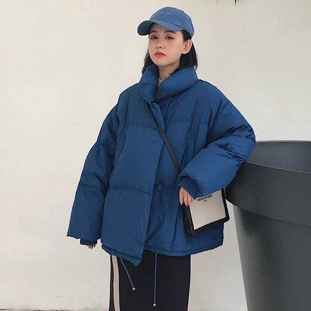 Korean Style 2019 Winter Jacket Women Stand Collar Solid Black White Female