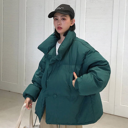 Korean Style 2019 Winter Jacket Women Stand Collar Solid Black White Female