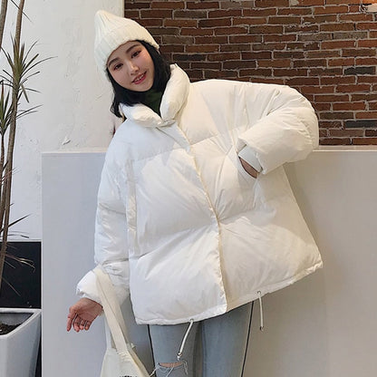 Korean Style 2019 Winter Jacket Women Stand Collar Solid Black White Female