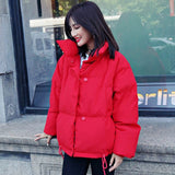 Korean Style 2019 Winter Jacket Women Stand Collar Solid Black White Female