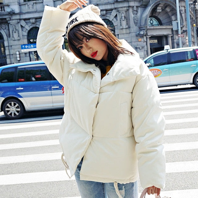 Korean Style 2019 Winter Jacket Women Stand Collar Solid Black White Female