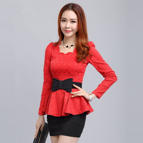 2016 New Women blouses Retro fashion casual long-sleeved Lace Tops Slim temperament
