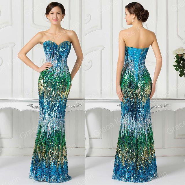 Grace Karin Sexy Sweetheart Sequin Lace Luxury Evening Dresses Red Blue Formal - Shopy Max
