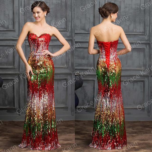 Grace Karin Sexy Sweetheart Sequin Lace Luxury Evening Dresses Red Blue Formal - Shopy Max