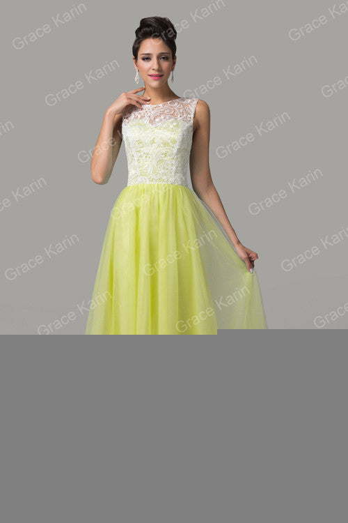 Green Yellow Lace Long Evening Dresses Grace Karin abendkleider 2016 Sleeveless - Shopy Max