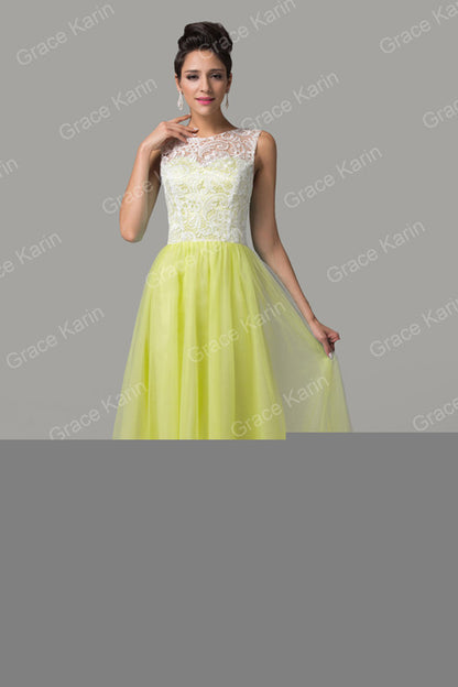 Green Yellow Lace Long Evening Dresses Grace Karin abendkleider 2016 Sleeveless - Shopy Max